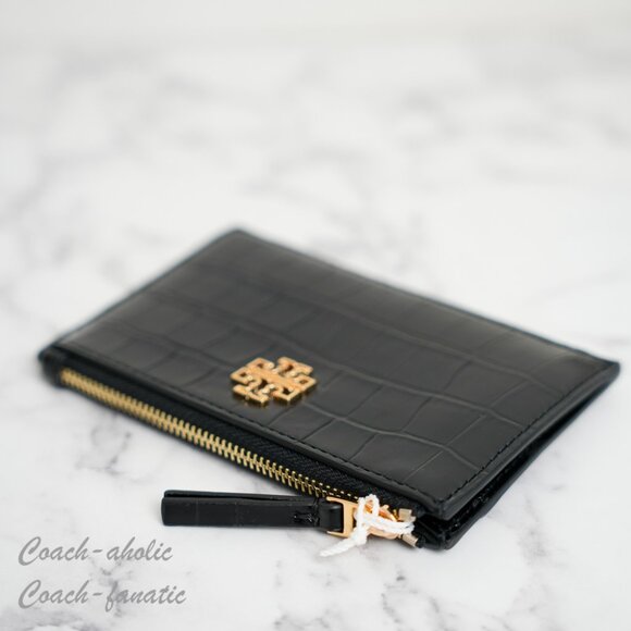 NWT Tory Burch Britten Embossed Leather Zip Card Case Wallet in Black/Gold - Picture 5 of 8